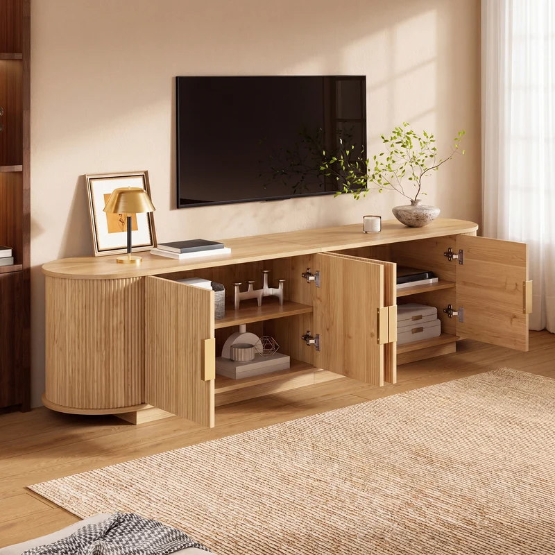 Meuble TV ovale rétro effet bois clair 4 portes au design ondulé 3D détails dorés FLEX STONE PRO