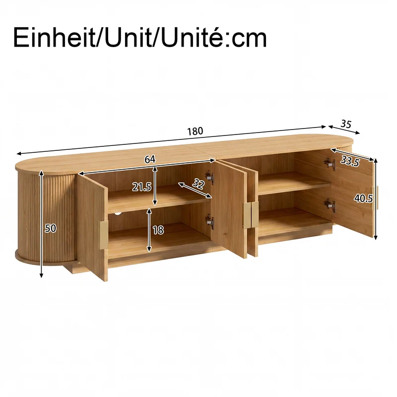 Meuble TV ovale rétro effet bois clair 4 portes au design ondulé 3D détails dorés FLEX STONE PRO