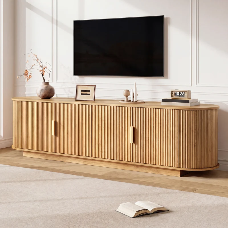 Meuble TV ovale rétro effet bois clair 4 portes au design ondulé 3D détails dorés FLEX STONE PRO
