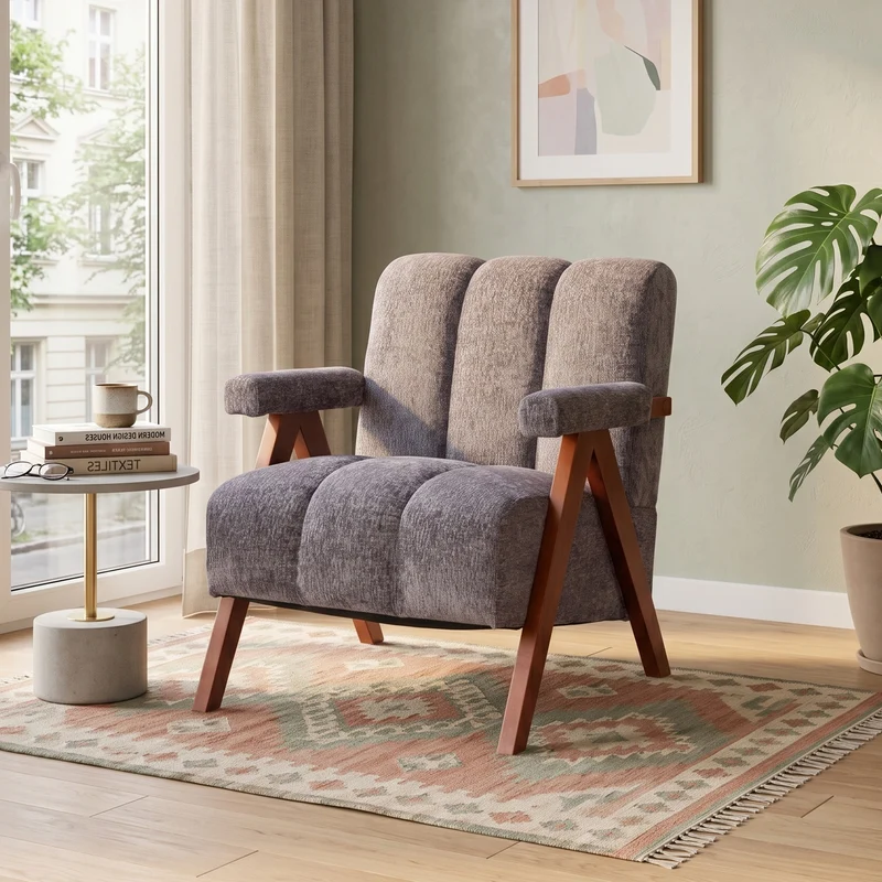 Fauteuil rétro en tissu bouclé gris avec pieds en chêne massif ITALIAN VANITY