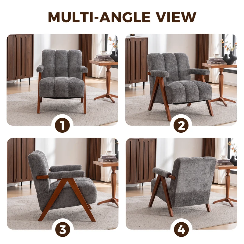 Fauteuil rétro en tissu bouclé gris avec pieds en chêne massif ITALIAN VANITY