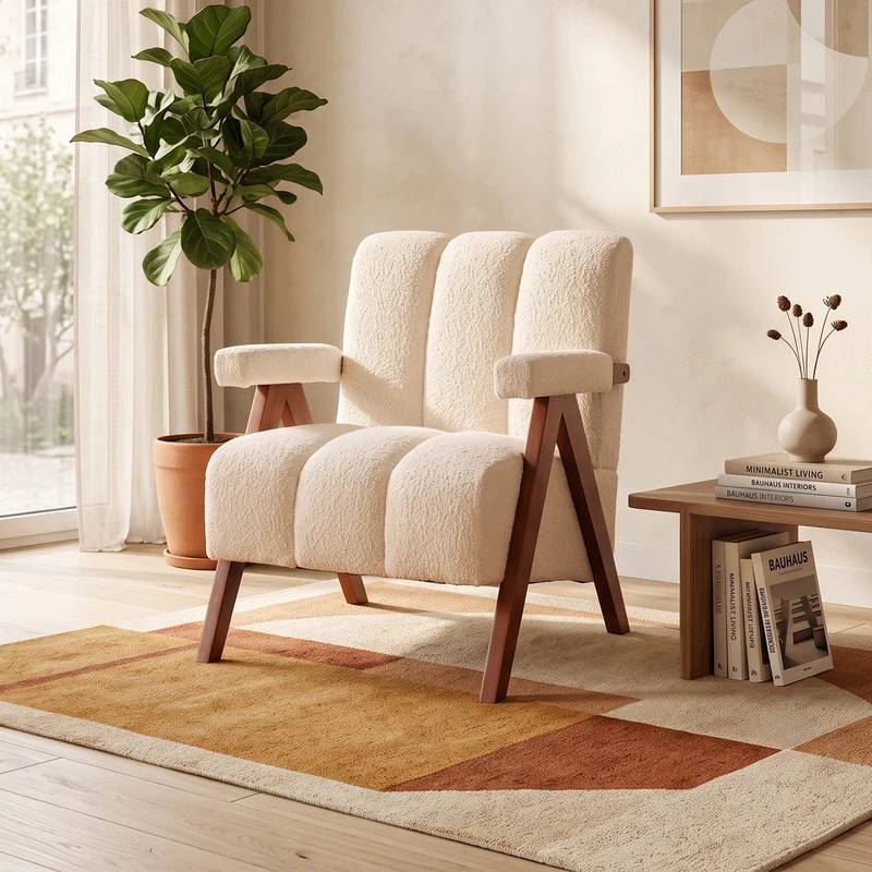 Fauteuil rétro en tissu bouclé beige avec pieds en chêne massif ITALIAN TABLE