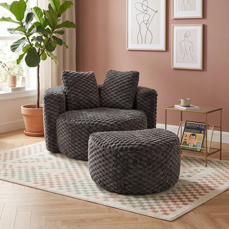 Fauteuil géant gris foncé en fausse fourrure avec pouf assorti en demi-lune FLOATING IRON MAX