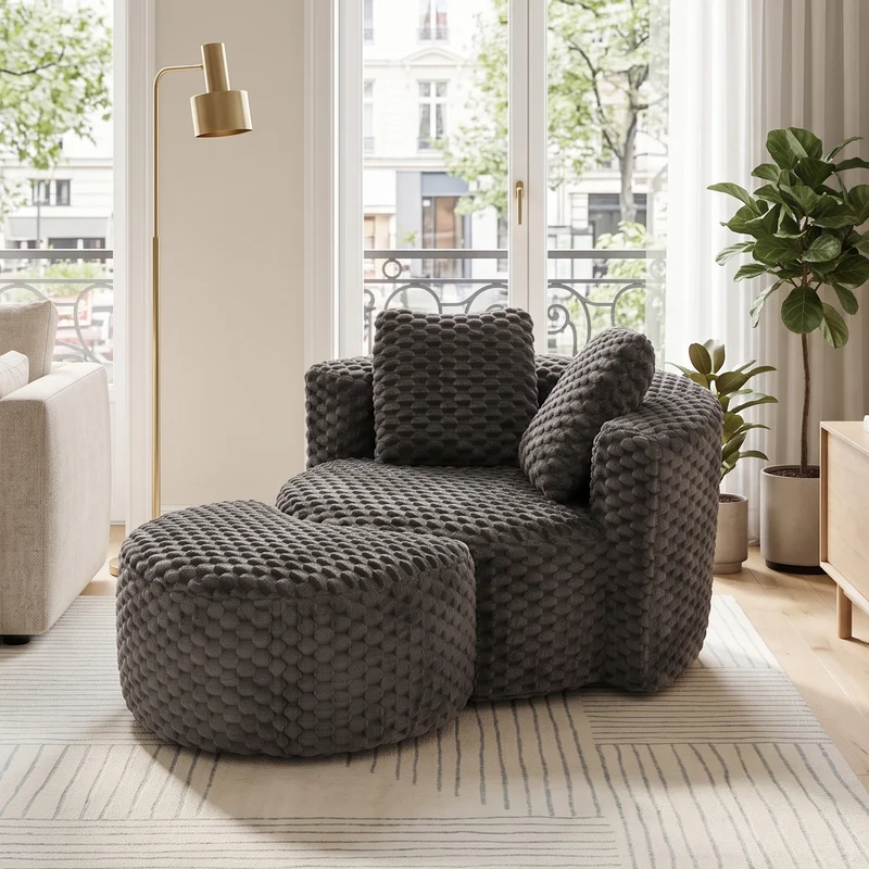 Fauteuil géant gris foncé en fausse fourrure avec pouf assorti en demi-lune FLOATING IRON MAX