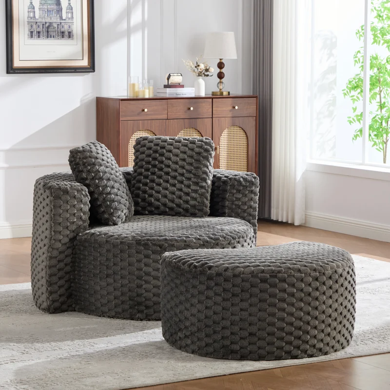 Fauteuil géant gris foncé en fausse fourrure avec pouf assorti en demi-lune FLOATING IRON MAX