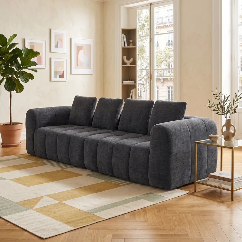 Canapé 4 places en velours gris foncé avec coussins tissu résistant et anti-taches FLOATING FABRIC LINE