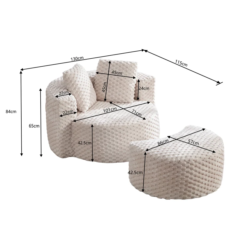 Fauteuil géant beige en fausse fourrure avec pouf assorti en demi-lune FLOATING GOLD PLUS
