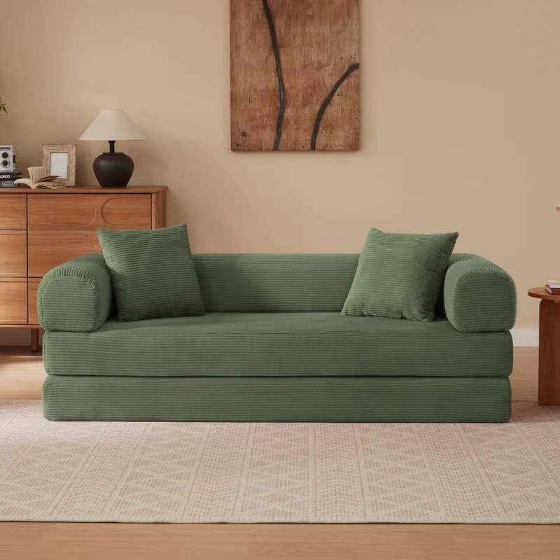 Canapé 3 places modulable sans armature, convertible en lit, velours vert, style tatami 195x89x59cm MERIDIANREX