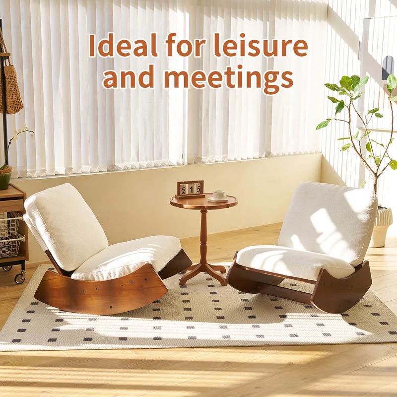 Fauteuil à bascule rétro en corduroy beige, cadre en bois massif, nursery 90x61,5x71,9cm FLOATING LEATHER MAX