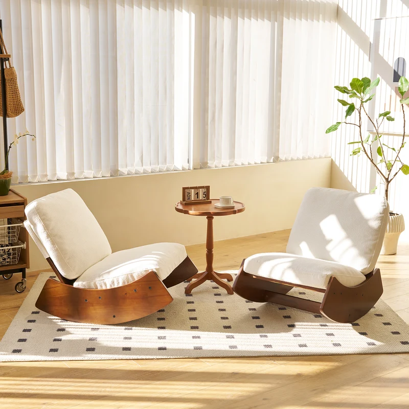 Fauteuil à bascule rétro en corduroy beige, cadre en bois massif, nursery 90x61,5x71,9cm FLOATING LEATHER MAX