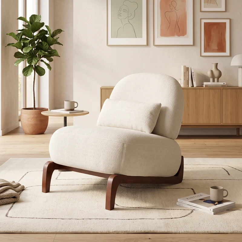 Fauteuil moderne blanc revêtement en tissu doux et pieds en bois massif FLOATING CHERRY LINE