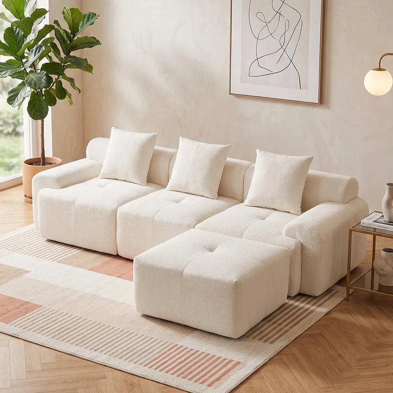 Canapé modulable 3 places en chenille beige bouclette texturée accoudoirs larges sans montage FLOATING DESK