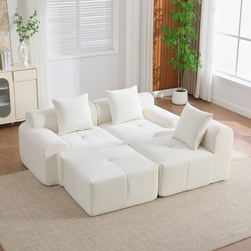 Canapé modulable 3 places en chenille beige bouclette texturée accoudoirs larges sans montage FLOATING DESK