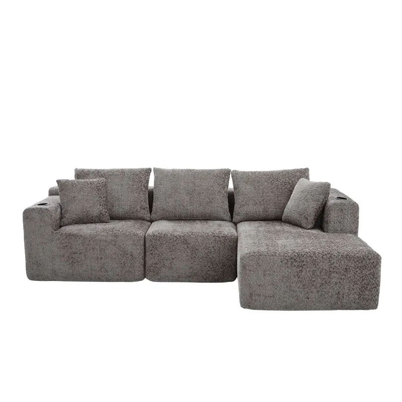 Canapé d’angle 3 places en chenille gris bouclette texturée accoudoirs larges sans montage FLOATING FABRIC ONE