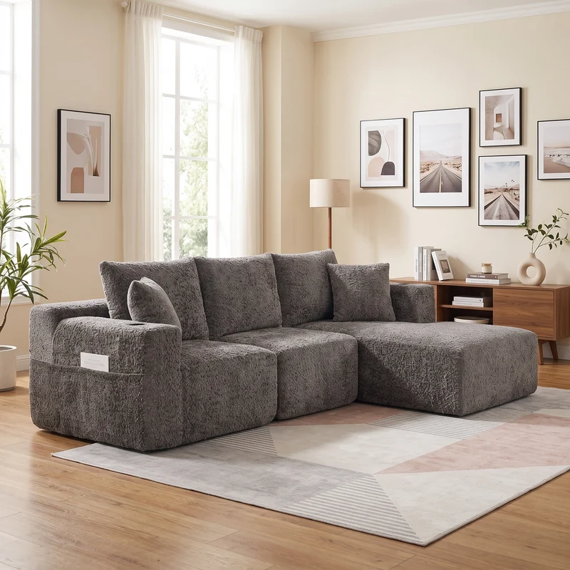 Canapé d’angle 3 places en chenille gris bouclette texturée accoudoirs larges sans montage FLOATING FABRIC ONE