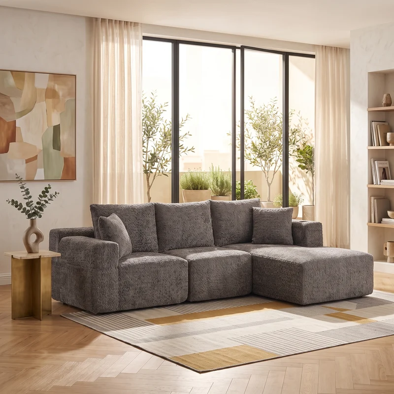 Canapé d’angle 3 places en chenille gris bouclette texturée accoudoirs larges sans montage FLOATING FABRIC ONE