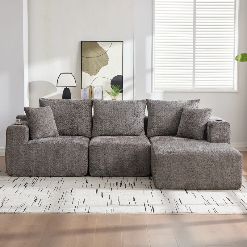 Canapé d’angle 3 places en chenille gris bouclette texturée accoudoirs larges sans montage FLOATING FABRIC ONE