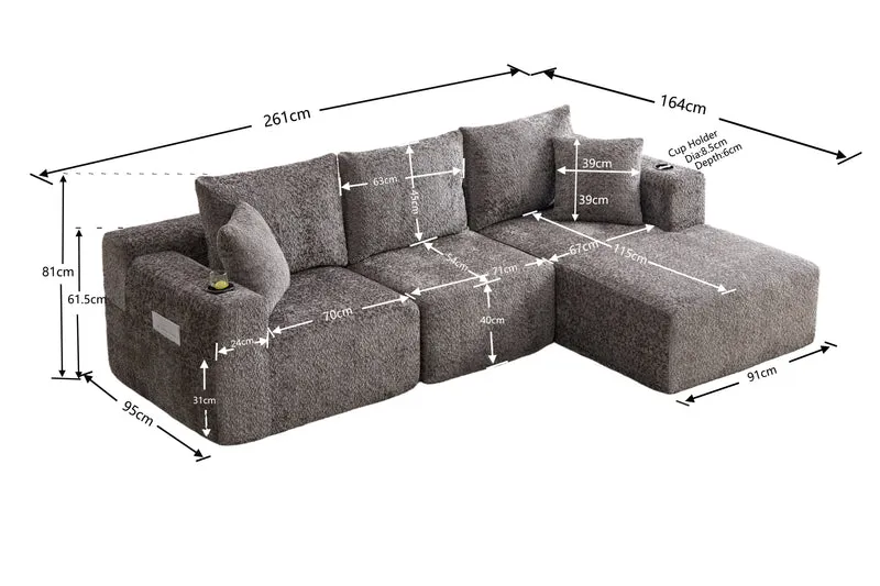 Canapé d’angle 3 places en chenille gris bouclette texturée accoudoirs larges sans montage FLOATING FABRIC ONE