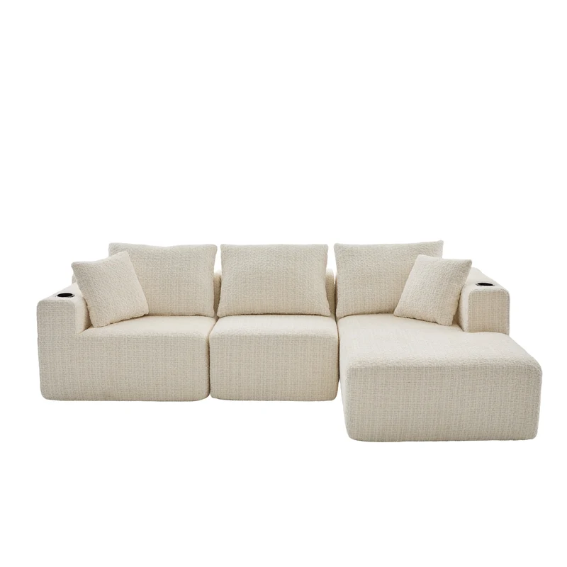 Canapé d’angle 3 places en chenille beige bouclette texturée accoudoirs larges sans montage FLOATING DIVIDER
