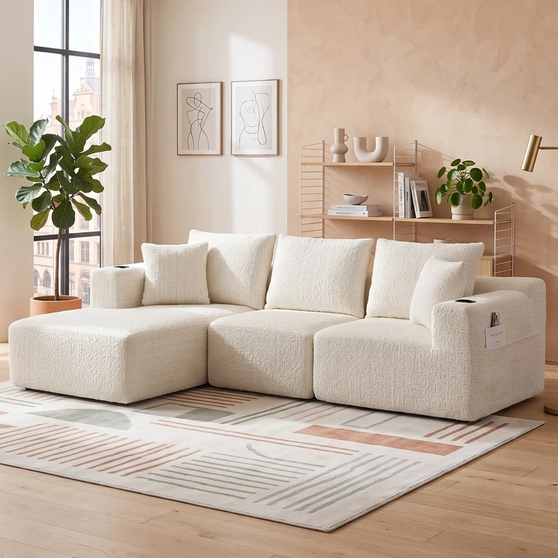 Canapé d’angle 3 places en chenille beige bouclette texturée accoudoirs larges sans montage FLOATING DIVIDER