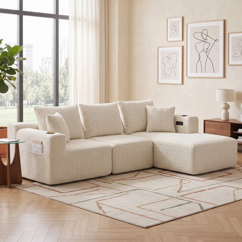 Canapé d’angle 3 places en chenille beige bouclette texturée accoudoirs larges sans montage FLOATING DIVIDER