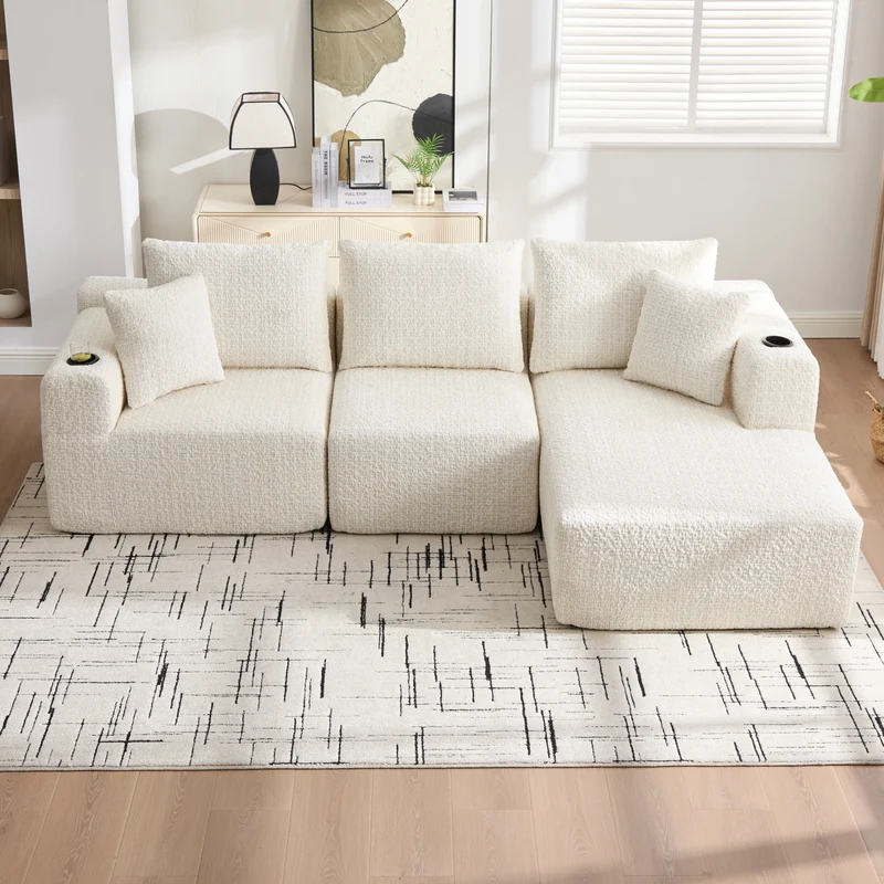 Canapé d’angle 3 places en chenille beige bouclette texturée accoudoirs larges sans montage FLOATING DIVIDER
