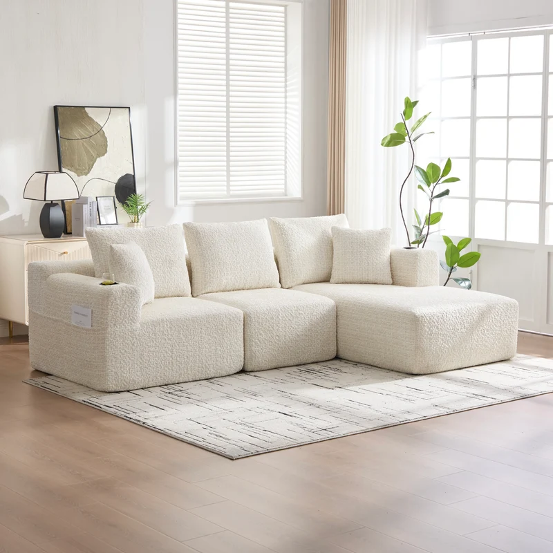 Canapé d’angle 3 places en chenille beige bouclette texturée accoudoirs larges sans montage FLOATING DIVIDER