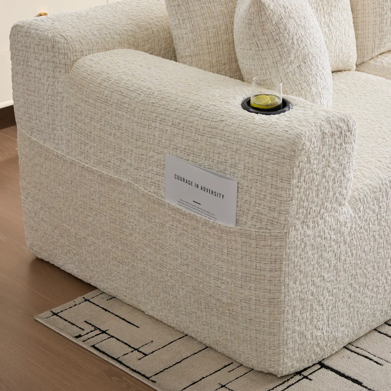Canapé d’angle 3 places en chenille beige bouclette texturée accoudoirs larges sans montage FLOATING DIVIDER