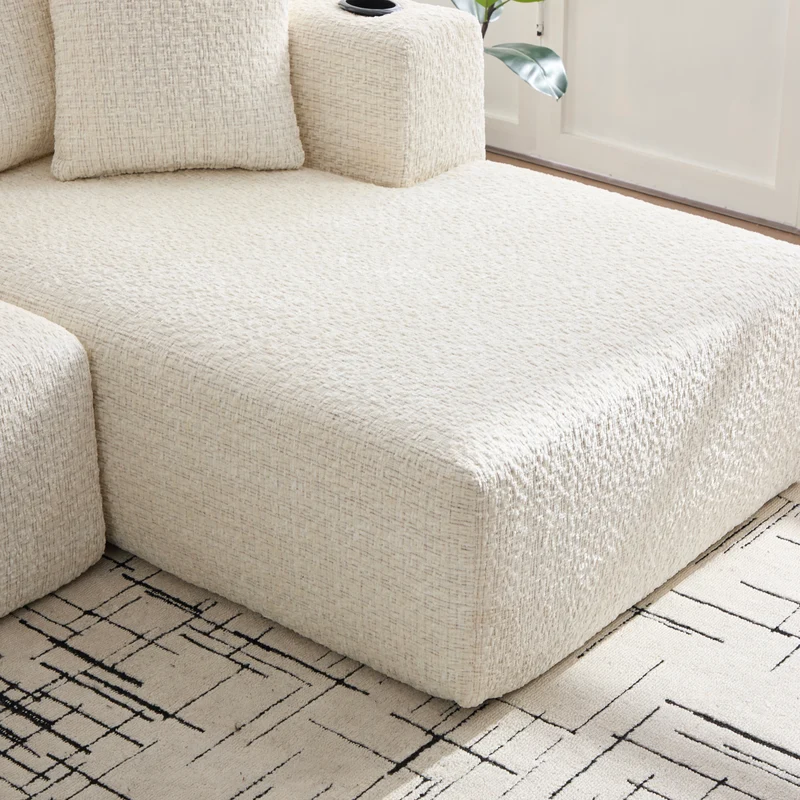Canapé d’angle 3 places en chenille beige bouclette texturée accoudoirs larges sans montage FLOATING DIVIDER