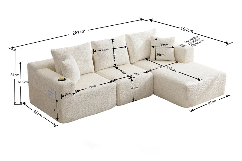 Canapé d’angle 3 places en chenille beige bouclette texturée accoudoirs larges sans montage FLOATING DIVIDER