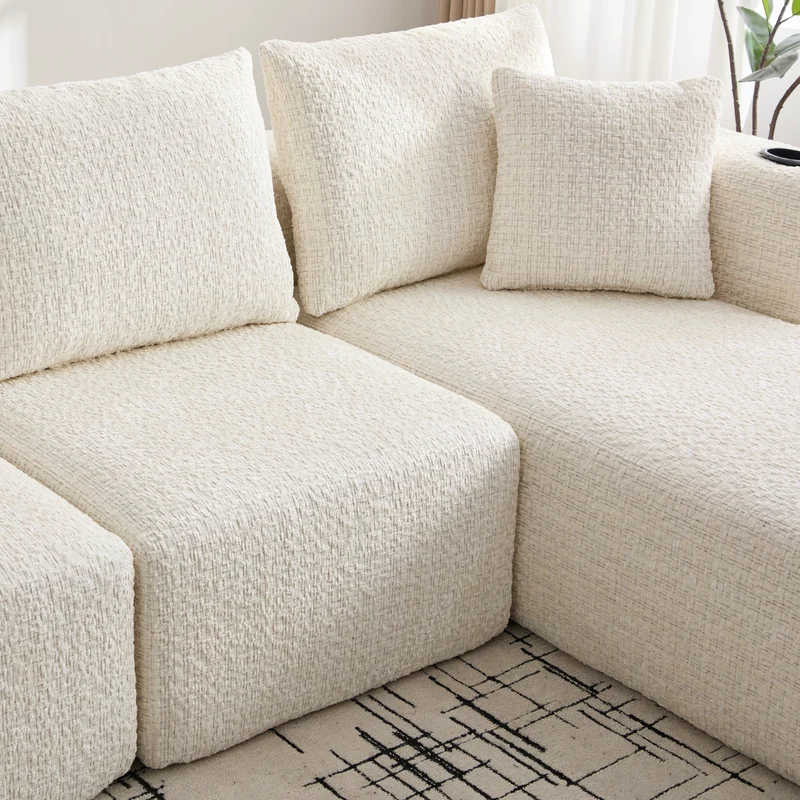 Canapé d’angle 3 places en chenille beige bouclette texturée accoudoirs larges sans montage FLOATING DIVIDER