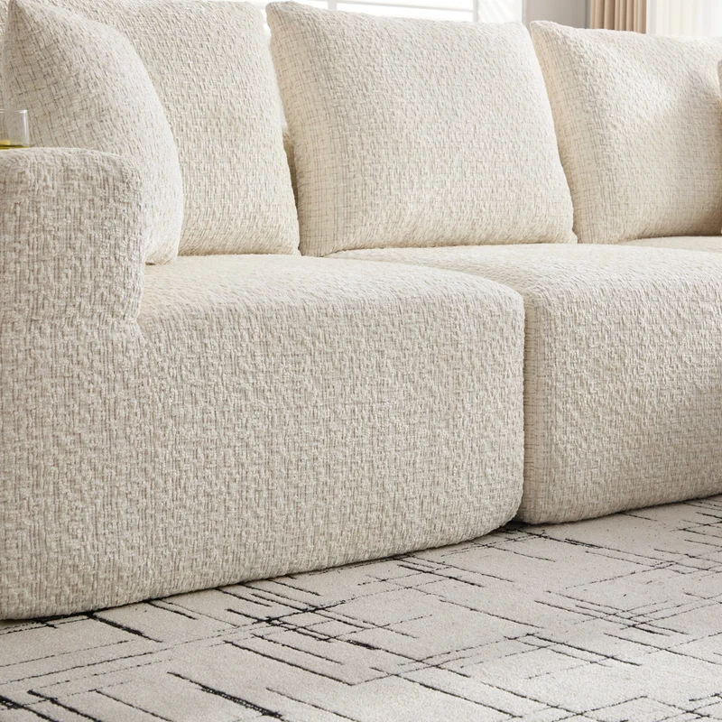 Canapé d’angle 3 places en chenille beige bouclette texturée accoudoirs larges sans montage FLOATING DIVIDER