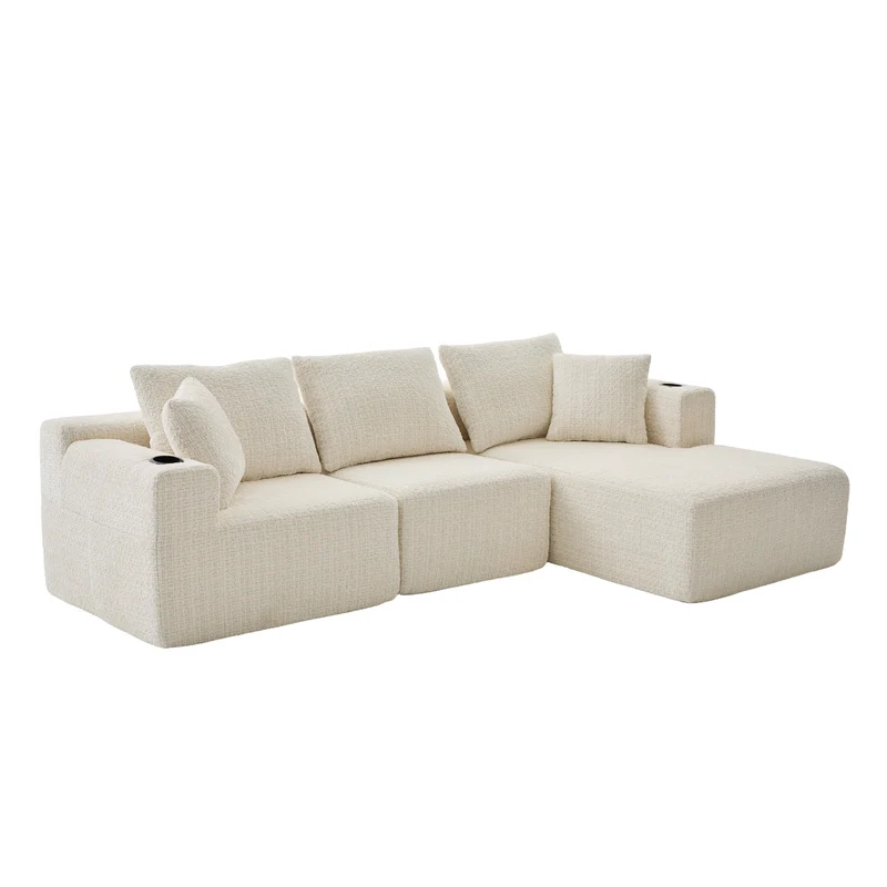 Canapé d’angle 3 places en chenille beige bouclette texturée accoudoirs larges sans montage FLOATING DIVIDER