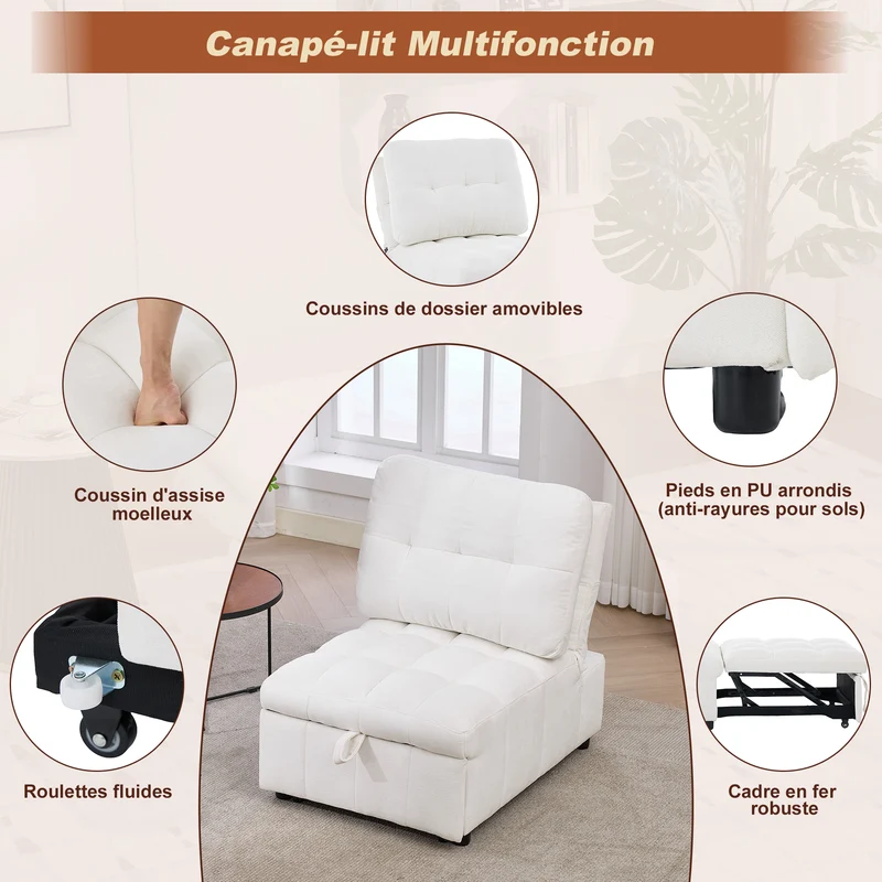 Fauteuil lit convertible tissu blanc, dossier réglable 68x95x76cm FLARELIRA