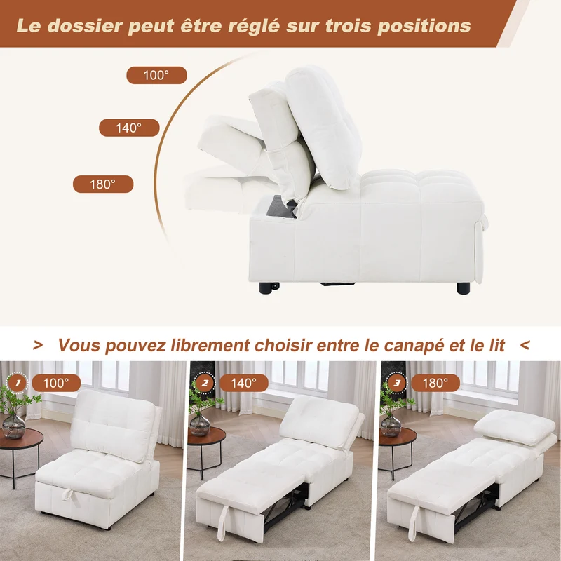 Fauteuil lit convertible tissu blanc, dossier réglable 68x95x76cm FLARELIRA
