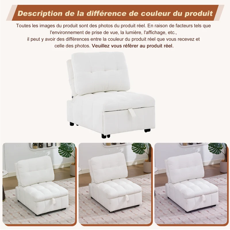 Fauteuil lit convertible tissu blanc, dossier réglable 68x95x76cm FLARELIRA