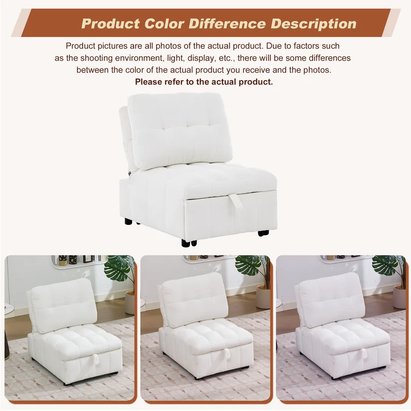 Fauteuil lit convertible tissu blanc, dossier réglable 68x95x76cm FLARELIRA