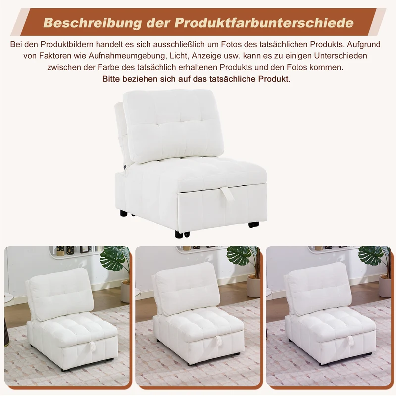 Fauteuil lit convertible tissu blanc, dossier réglable 68x95x76cm FLARELIRA