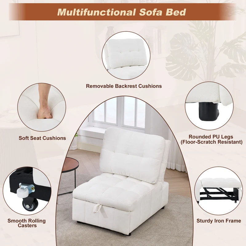 Fauteuil lit convertible tissu blanc, dossier réglable 68x95x76cm FLARELIRA