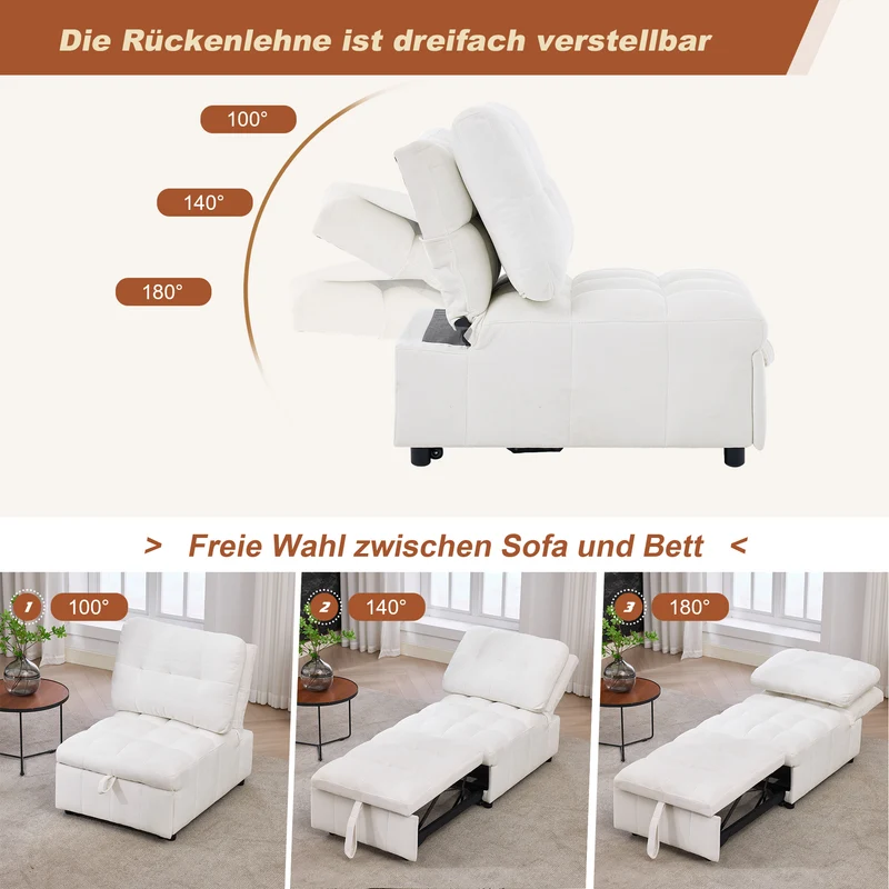 Fauteuil lit convertible tissu blanc, dossier réglable 68x95x76cm FLARELIRA
