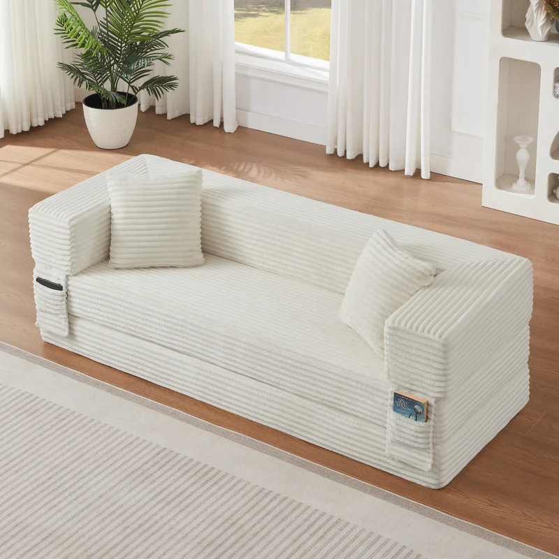 Canapé 3 places modulable sans armature, convertible en lit, velours blanc, style tatami 200x76x60cm NEXUSVORN