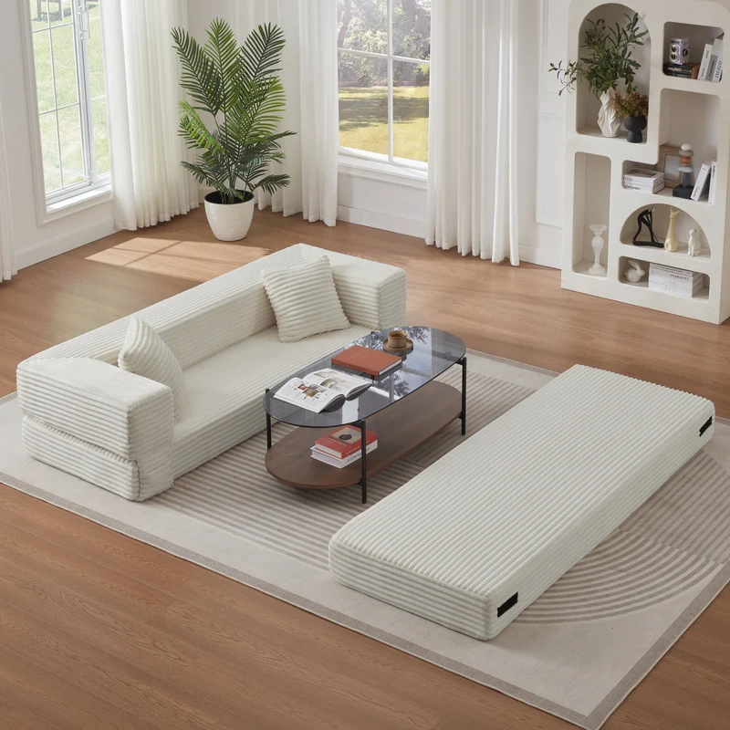 Canapé 3 places modulable sans armature, convertible en lit, velours blanc, style tatami 200x76x60cm NEXUSVORN