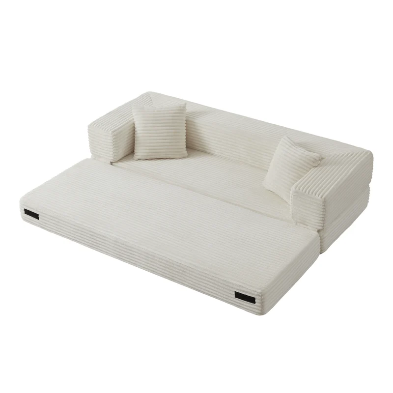 Canapé 3 places modulable sans armature, convertible en lit, velours blanc, style tatami 200x76x60cm NEXUSVORN