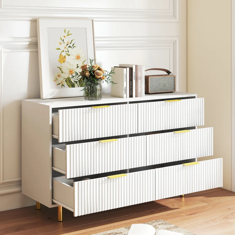 Buffet commode 6 tiroirs blanche accents dorés 120x40x72cm HALOICITY