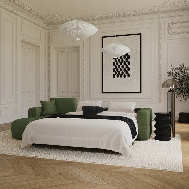 Canapé d'angle gauche convertible express matelas Dunlopillo 140cm RAFAEL tissu tramé