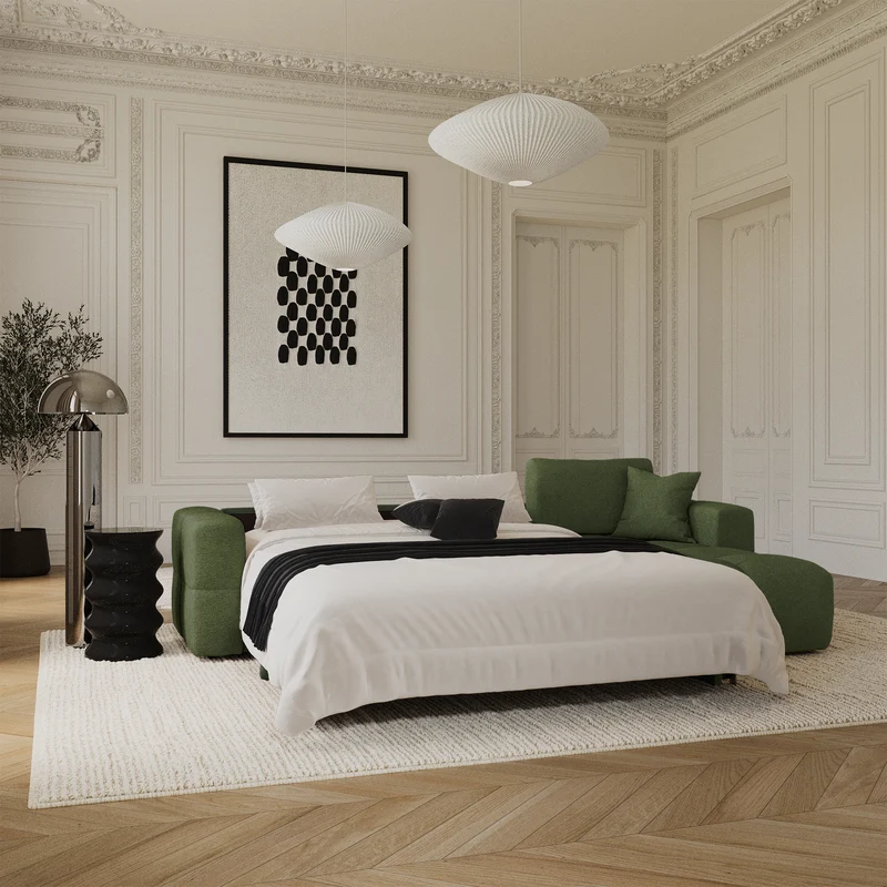 Canapé d'angle droit convertible express matelas Dunlopillo 140cm RAFAEL tissu tramé