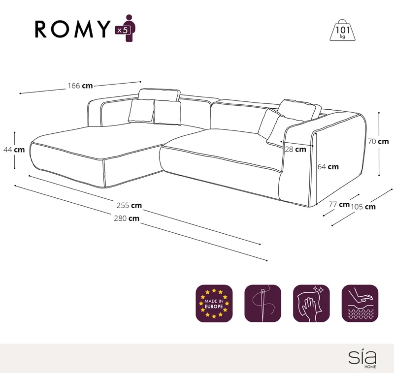 Canapé d'angle gauche 280cm ROMY Velours tramé