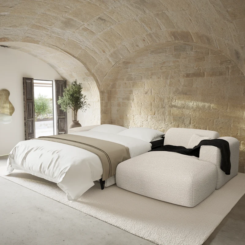 Canapé d'angle droit convertible express matelas Dunlopillo 140cm NOVA Tissu bouclette