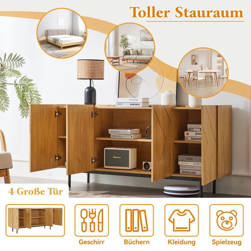 Buffet effet bois motif géométrique linges dorés 4 portes pieds noirs surélevés COLS