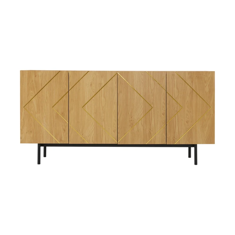 Buffet effet bois motif géométrique linges dorés 4 portes pieds noirs surélevés COLS